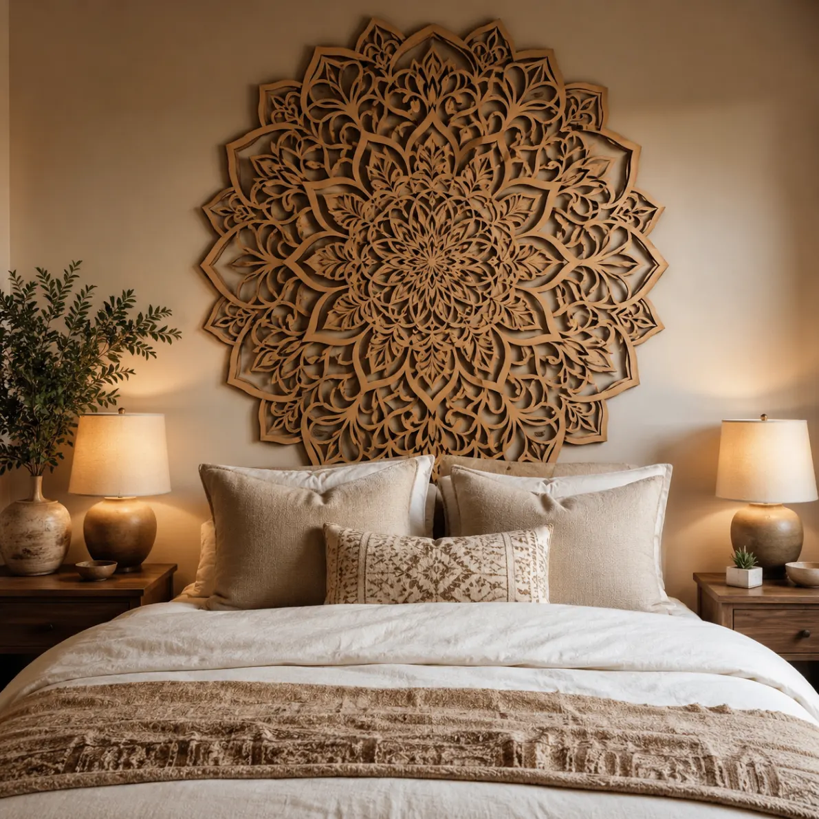 Mandala grande acima da cama em quarto aconchegante