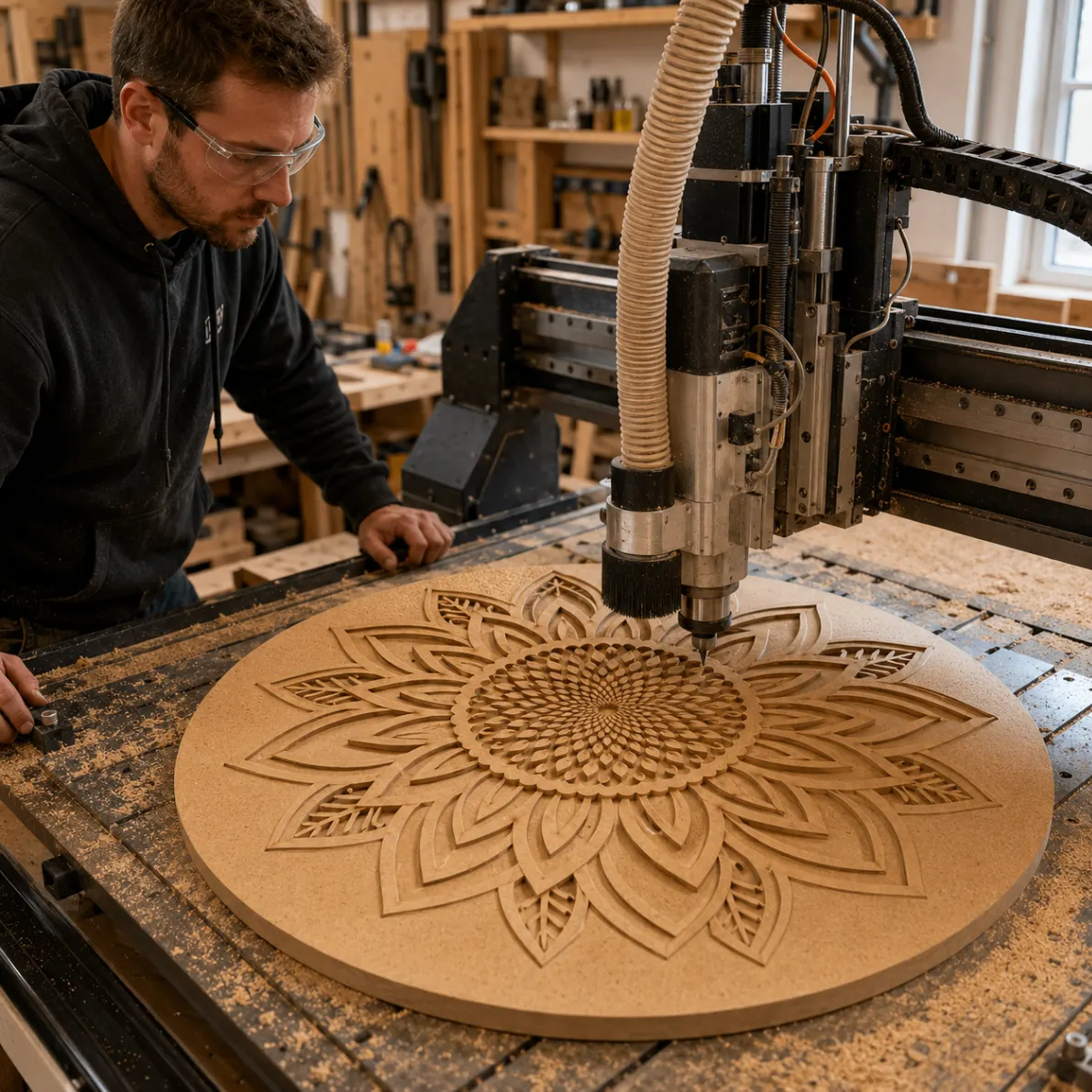 Processo de corte CNC de uma mandala em madeira